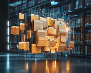Poster - Eyecatching 3D visualization of a digital document management system highlighting mobile and laptop interactions in an artistic and visually appealing background