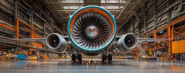 Poster - Airplane Engine Close-Up in Hangar with Industrial Setting