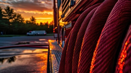 Aufkleber - Red Fire Hose Rolls at Sunset with Blurred Background
