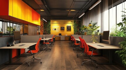 Poster - A modern office with a bright and airy atmosphere. The space features rows of desks with red chairs, wood flooring, and plenty of natural light from large windows.