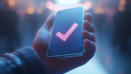 Aufkleber - Professional 3D rendering of a hand gripping a smartphone featuring a clear checkmark symbol, symbolizing success and positive outcomes in a sleek visual style