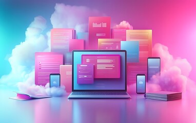 Aufkleber - Professional 3D rendering of a digital document management system concept highlighting interactions between mobile and laptop devices in a stylish, artistic background