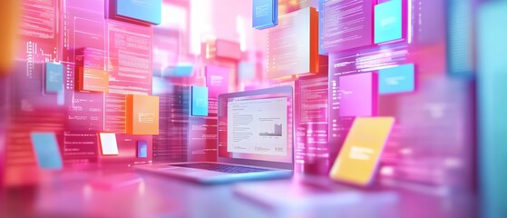 Leinwandbilder - Stunning 3D rendering of a digital document management system concept featuring seamless interaction between mobile devices and laptops in a vibrant, creative background