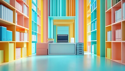 Fototapete - Vivid 3D image of a digital document management system concept featuring collaborative mobile and laptop usage, framed by a vibrant and contemporary backdrop