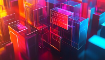 Fototapete - Vivid 3D image of a digital document management system concept featuring collaborative mobile and laptop usage, framed by a vibrant and contemporary backdrop