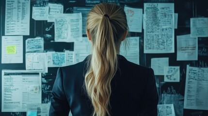 Aufkleber - A woman with long blonde hair, wearing a black blazer, stands in front of a wall covered with documents.
