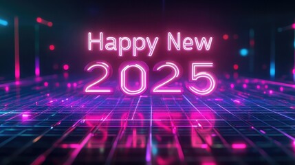 Poster - Happy New Year 2025! A bright pink neon sign against a futuristic grid background.