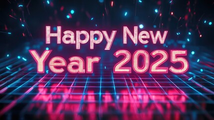Poster - Happy New Year 2025! Celebrate the new year with this vibrant and futuristic neon design.
