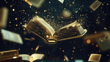 Poster - An open book levitating with a golden glow and particles