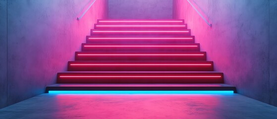 Poster - Futuristic stairs with neon lighting, red and blue hues casting soft shadows, sleek and modern industrial setting, industrial stairs, neon ambiance