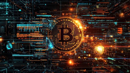 Poster - Glowing Bitcoin Symbol on a Futuristic Digital Circuit Board