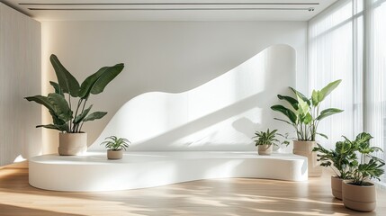 Leinwandbilder - Modern minimalist display area with a white curved backdrop and stylish potted plants on a wooden floor in a bright room.