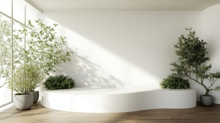 Leinwandbilder - Modern minimalist display area with a white curved backdrop and stylish potted plants on a wooden floor in a bright room.