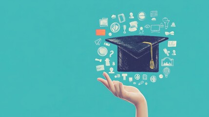 Poster - A hand reaches up to hold a graduation cap, surrounded by white doodles on a turquoise background.