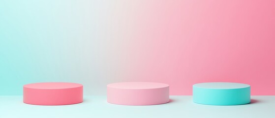 Poster - Clean and modern scene with three cylindrical platforms in soft blue and pink, set against a glowing gradient background, creating a stylish and minimal product stage