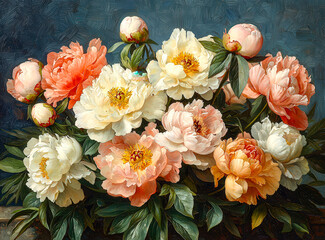 Poster - An exquisite arrangement of peonies features varying shades of pink, coral, and white, nestled among lush green leaves, creating a stunning floral display perfect for springtime