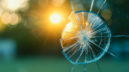 Wall Mural - shattered glass with sunlight shining through creates dramatic effect, highlighting intricate patter