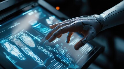 Poster - A robotic hand interacts with a digital interface, showcasing futuristic technology.