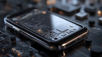 Poster - A close-up of a modern smartphone's internal components. The intricate circuitry is visible through the transparent casing, highlighting the complex technology within.