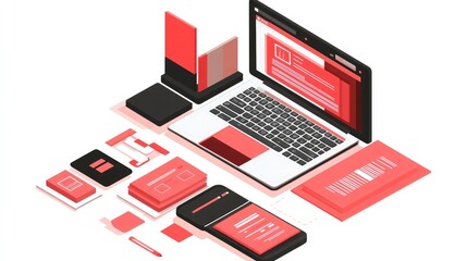 Poster - A flat lay mockup of a website design with a laptop, phone, and other design elements.