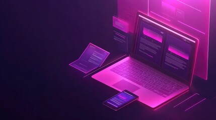 Poster - A laptop, smartphone and tablet illuminated with neon pink light, showcasing a contemporary and modern digital workspace.