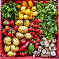 Poster - A variety of fresh vegetables and fruits, including peppers, potatoes, strawberries, and mushrooms, are neatly arranged in a red crate at a market