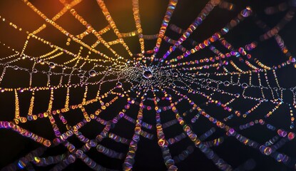 A spider web with water droplets reflecting iridescent colors