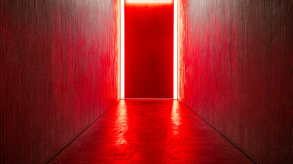 Poster - A deep red glow fills the corridor, creating an intriguing atmosphere as it directs attention toward an inviting doorway ahead
