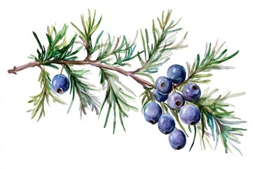 Watercolor Juniper Berry Branch Illustration on White Background