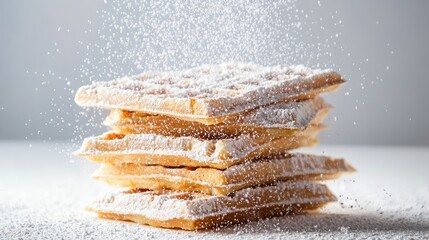 Poster - A stack of freshly baked waffles, dusted with powdered sugar.