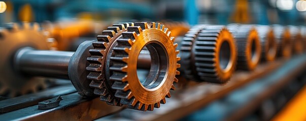 Poster - Close-up of a Row of Cogwheels in a Factory Setting