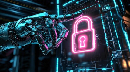 Poster - A robotic hand reaching for a glowing pink padlock on a futuristic panel.