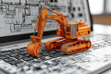 Poster - Orange Excavator Toy on Laptop with Architectural Drawings