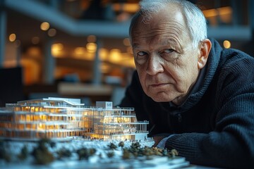 Poster - Elderly Man Gazing at Illuminated Architectural Model