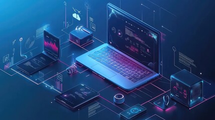 Poster - A laptop computer, tablet, and smartphone are connected in a futuristic network of glowing lines.