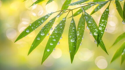 Poster - Dewdrops on Lush Green Bamboo Leaves with a Blurred Yellow Background