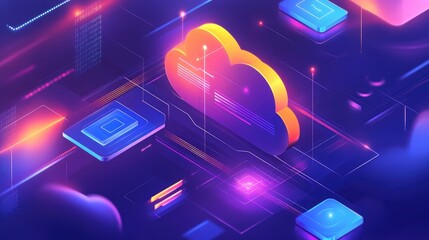 Poster - A 3D illustration of a cloud computing network with lines of code and data flowing in and out.