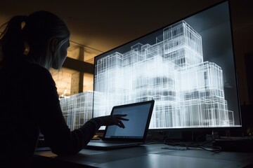 Poster - Silhouette of a Woman Working on a Laptop with a Wireframe Building Displayed on the Monitor