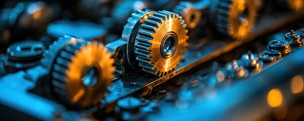 Poster - Close-up of a Complex Gear System with Gold and Blue Tones