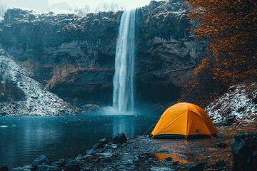 Wall Mural - A yellow tent pitched near a waterfall with a misty background