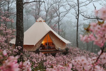 Wall Mural - A Tent in the Snowfall Amongst a Flowering Forest