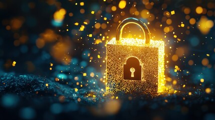 Poster - Glowing Padlock with Golden Sparks on a Dark Background