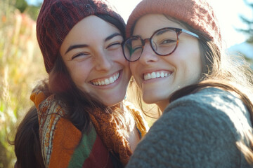 Two women smiling and hugging in a field, bathed in golden sunlight.