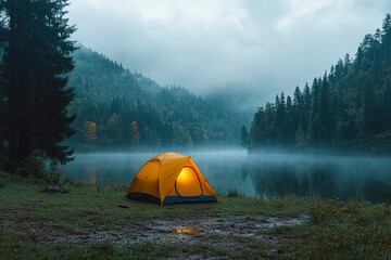 Wall Mural - Illuminated Tent on the Shore of a Foggy Lake in a Forest