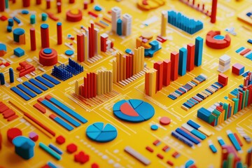 Poster - Colorful 3D Data Visualization with Bars, Charts, and Graphs on Yellow Surface