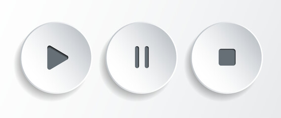 Poster - 3D multimedia music player buttons, icons. Sound, voice, play, pause, skip, stop sign for mobile app, UI, website.