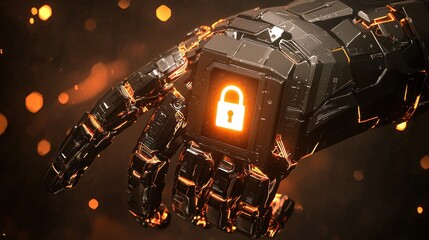 Poster - A Robotic Hand Holding a Glowing Lock Icon