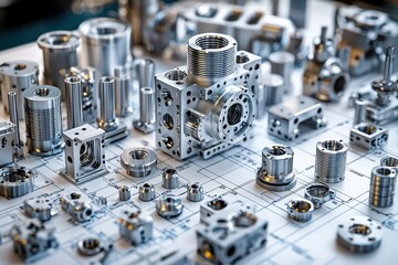 Poster - Precision Metal Components Arranged on a Blueprint