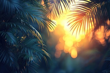 Aufkleber - Palm Fronds Silhouetted Against a Golden Sunset Glow