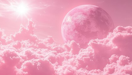 Wall Mural - Cosmic landscape featuring a vibrant pink planet amidst pink clouds in space